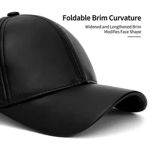 Men's windproof PU leather baseball cap with a foldable wide brim for face slimming