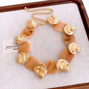 French vintage gold necklace with square marble resin beads and shell pendants