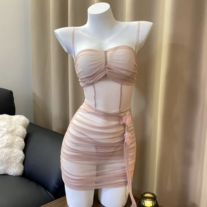 Pink ruched mesh mini dress with thin straps and side 3D floral accents for parties
