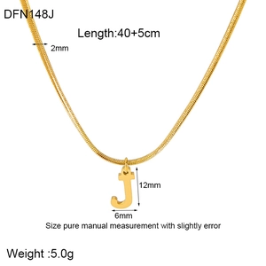 Detail of 18K gold plated flat snake chain with letter J pendant and size specifications