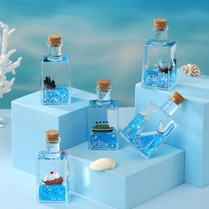 Nautical Ship Fluid Drifting Bottle Blue Liquid Star Glitters Glass Acrylic Ornament With Cork Stopper Desktop Decor