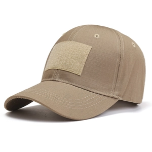 Tactical camouflage baseball cap in khaki with front hook and loop patch and ripstop fabric