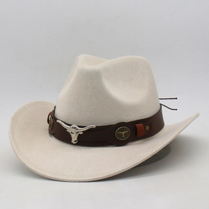 Classic cream felt western cowboy hat with brown leather band and silver bull head ornament