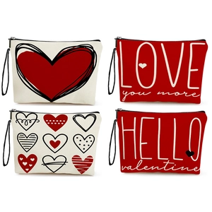 Heart Print Makeup Bag Linen Canvas Cosmetic Pouch Portable Travel Toiletry Storage Organizer With Wristlet For Women