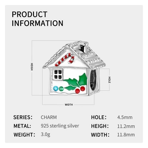 Technical drawing of a 925 silver Christmas house charm with precise size measurements