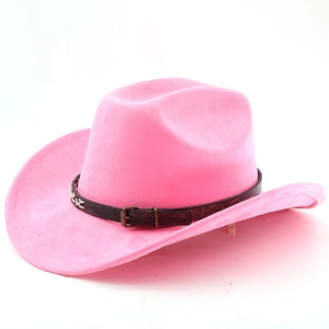 Detailed shot of pink faux suede cowboy hat with vintage brown leather buckled band