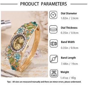 Detailed view of retro cloisonne enamel ladies watch with floral crystal bracelet