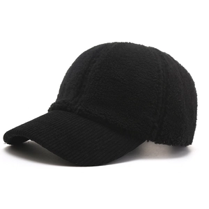 Thick black faux fleece baseball cap with corduroy brim shown from a 45-degree angle