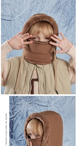 Detail of dark brown winter thermal integrated hat with plush lining and windproof face mask