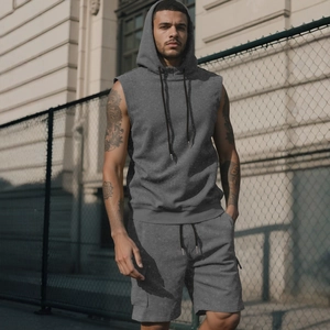 Men's grey sleeveless hooded sweatshirt and shorts set for casual outdoor sports wear