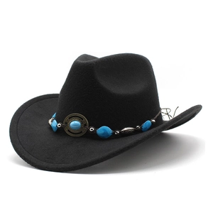 Classic black wool felt western cowboy hat with decorative turquoise belt and metal buckles