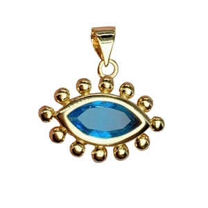 Gold plated evil eye necklace pendant with blue zircon stone on white background
