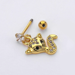 Golden stainless steel fox stud earring with sparkling zircon stones on white background
