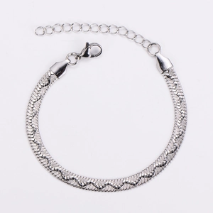 Close-up of a silver stainless steel flat snake chain necklace with lobster clasp and extender