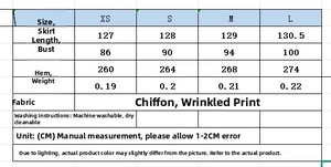 Size chart and fabric details for floral print chiffon camisole dress with measurements