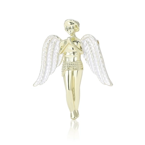Golden angel brooch with white enamel wings on a reflective white background