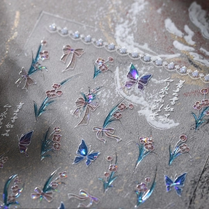 Holographic flower and butterfly nail stickers with laser gold finish for pro nail art