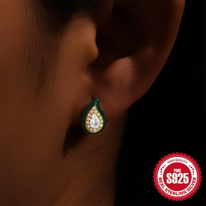 Elegant S925 sterling silver teardrop stud earrings with green enamel and clear zircon