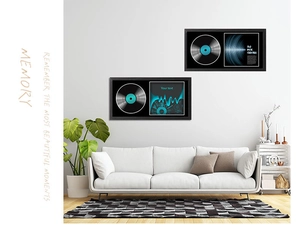 Modern wall-mounted black vinyl record frame with blue soundwave art in a bright living room
