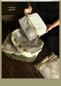 Detail view of 5-piece travel storage set with olive green mesh and tear-resistant fabric
