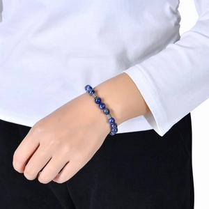 Deep blue lapis lazuli beaded bracelet for men with silver hollow metal spacer beads
