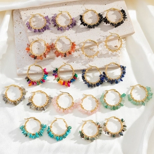 Bohemian Hoop Earrings Handmade Natural Stone Chips Wire Wrapped Stainless Steel Ethnic Style For Women