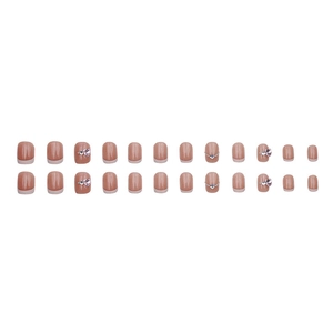 French blush short press-on nails with pink heart rhinestones and silver chains 24pcs