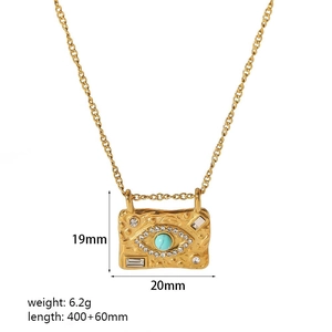 Detailed specs of the gold Evil Eye square pendant necklace with dimensions and weight
