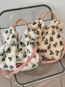 Women Plush Floral Tote Bag Sherpa Fleece Large Capacity Handbag Casual Daily Commute Crossbody With Woven Handle