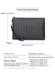 Macro detail of black woven leather clutch showing size chart and durable zipper bag specs