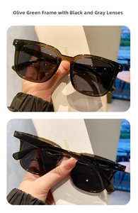 Detalle de gafas de sol cuadradas verde oliva con lentes polarizadas gris oscuro
