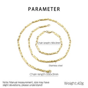Detailed specs of golden stainless steel twisted chain necklace and bracelet set
