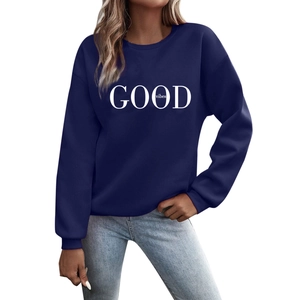Navy blue crewneck sweatshirt with GOOD vibes print in a casual knitted cotton style