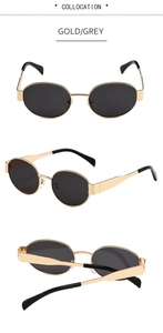 Three-view layout of oval metal sunglasses with gold frame and dark grey lenses