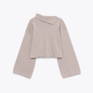 Women's light brown knitted sweater with asymmetrical collar and wide flare sleeves
