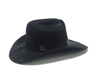 Detail eines schwarzen Mini-Haustier-Cowboyhuts mit dekorativem Satinband auf Filzmaterial