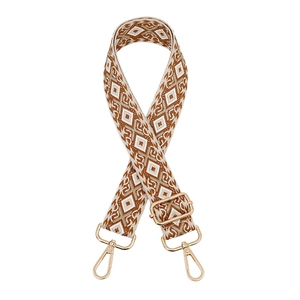 Adjustable geometric weave bag strap with gold metal buckles in brown and beige tones
