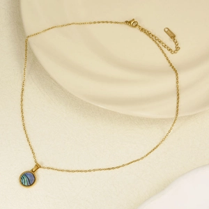 Minimalist 304 stainless steel necklace with iridescent abalone shell round pendant charm