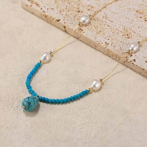 Handmade 925 silver gold plated necklace with freshwater pearls and turquoise pendant