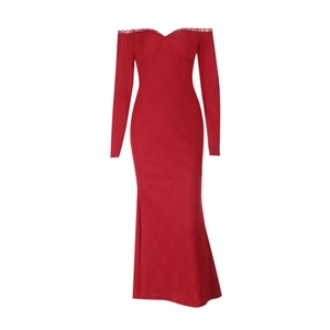 Detail of red off-shoulder lace maxi dress showing intricate floral pattern and slim fit