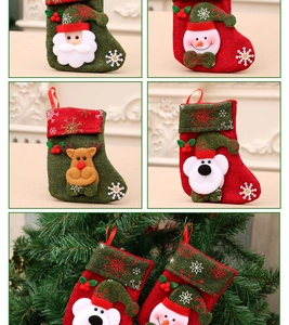 Detailed view of assorted Christmas stockings featuring 3D Santa, snowman, and reindeer motifs