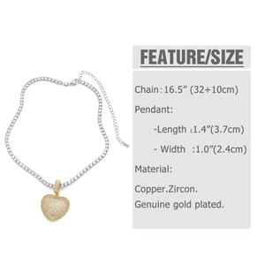 Detail view of heart pendant with zircon stones and tennis chain specifications