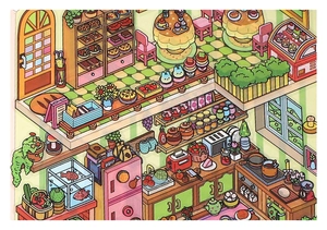 Detail view of colorful 2.5D isometric cartoon kitchen and bakery sticker scenes