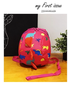 Pink cartoon dinosaur toddler backpack with safety leash and 3D spikes for girls