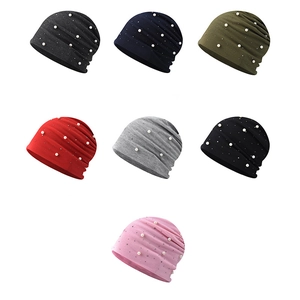Knit beanie with pearls and rhinestones decoration for women in seven various colors