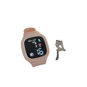 Minimalist beige square digital watch with heart rate monitor and metal charm