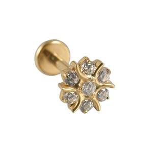 Gold titanium snowflake labret stud with zircon flower design and flat back earring post