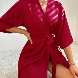 Elegant red silk satin robe with kimono collar and waist belt for women's home wear