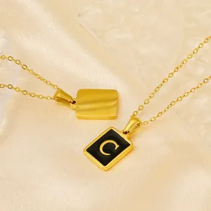 18K gold plated stainless steel square necklace with black enamel letter C pendant