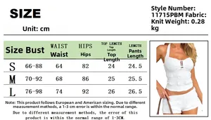 Detailed size chart for the women's knitted two-piece crop top and shorts outfit set
